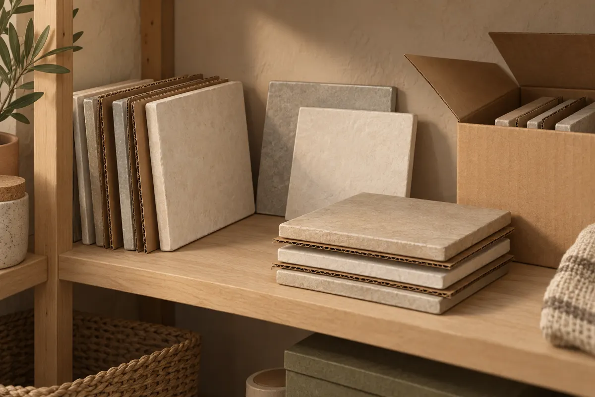 Zapasowe płytki ceramiczne zabezpieczone tekturowymi przekładkami w pudełku.
